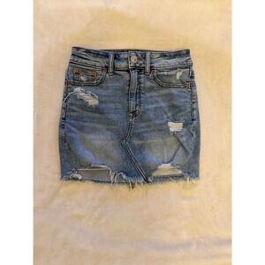 American Eagle Medium Wash Distressed Stretch Denim Mini Skirt 0 W25 Frayed
